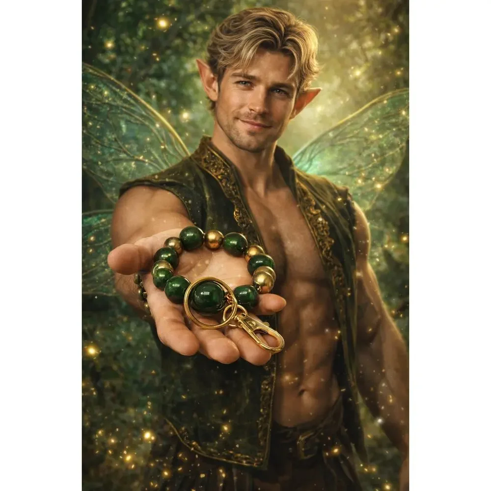 🧚🏻‍♀️ Handmade Green Chatoyant Beaded Key Ring Bracelet Gold Boho Luxe